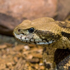 Obraz premium Close up of a rattlesnake head with its scales and eye visible.