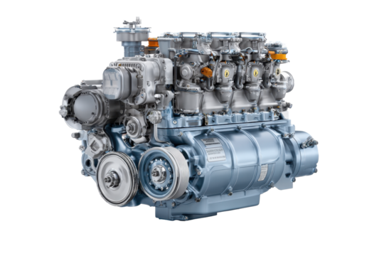 Blue H-Configuration Multi-Cylinder Engine on Transparent Background