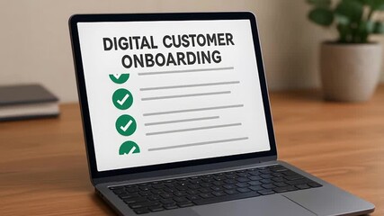 A laptop screen displays Digital Customer Onboarding with checklist, symbolizing efficient, digital welcome experience. - Powered by Adobe