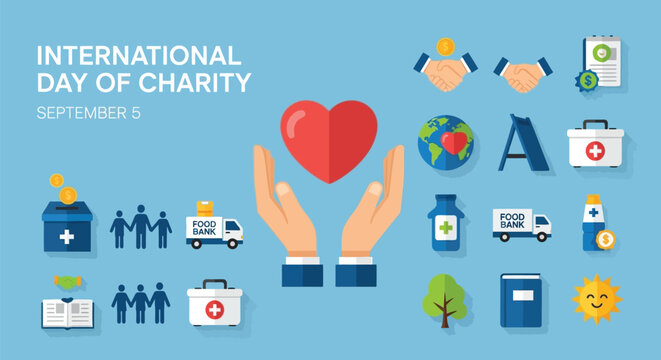 International day of charity with hands holding a heart and various charity related icons on blue background - Powered by Adobe