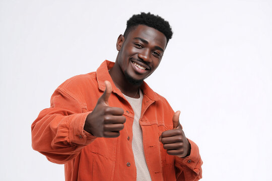 Young african american man in orange jacket smiling and showing double thumbs up on isolated transparent PNG background for cutout projects