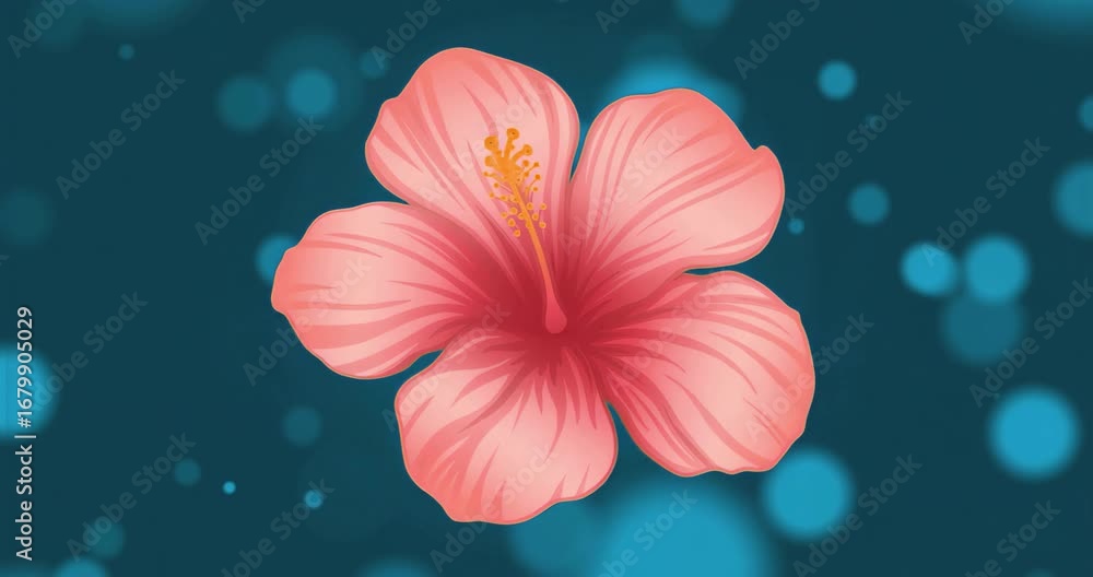 Poster on scene start pink hibiscus rotating clockwise then reversing over teal bokeh showing oscillation