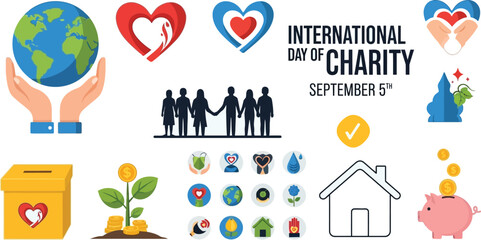 International day of charity graphic with hearts hands globe and donation related icons on white background