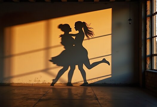 Silhouettes of two women dancing and embracing on a warm sunlit wall, horizontal photo, symbolizing lesbian love, freedom, intimacy, LGBTQ+ pride, romance, and female empowerment.
