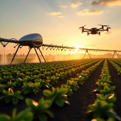 Futuristic farming with irrigation robots and surveillance drones in golden-hour farmland