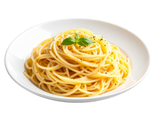 Plate of spaghetti topped with herbs and pepper
