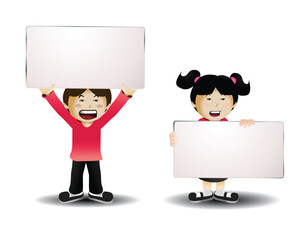 illustration of a Asian children hold blank banner for protesting on isolated white background