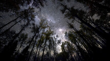 murky forest under luminous star-filled heavens
