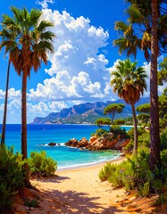 Fototapeta premium A sun-drenched beach scene unfolds, showcasing a tranquil cove nestled between towering palm trees and lush greenery.