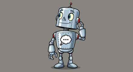 Cute Cartoon Robot with Speech Bubble Icon on Chest.