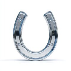 A polished, chrome horseshoe, elegantly rendered against a simple white background, showcasing intricate details and a reflective surface.