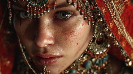 Intricate Beauty: A Close-Up Portrait of a Woman in Traditional Middle Eastern Attire