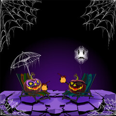  Halloween illustration with jack o lantern pumpkins lounging on chairs, sipping cocktails, surrounded by spider webs and eerie purple glow.