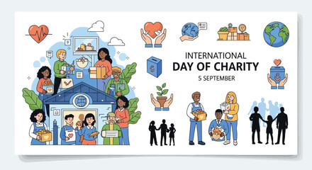 Naklejka premium International day of charity illustration with diverse people and helping hands on white background