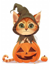 little cute kitten in pumpkin costume, on white background, halloween, cat, jack-o-lantern, kitty, funny pet, all saints day, autumn, cartoon illustration