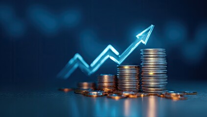 A graphic illustration of ascending financial growth, depicted by stacks of coins and a luminous upward trend line.