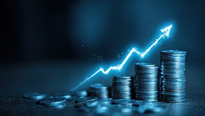 A rising graph of increasing stacks of coins represents financial growth and prosperity.
