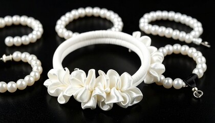 Elegant collection of pearl bracelets with white round pearls and central fabric flower bracelet on black background, luxurious and refined display.