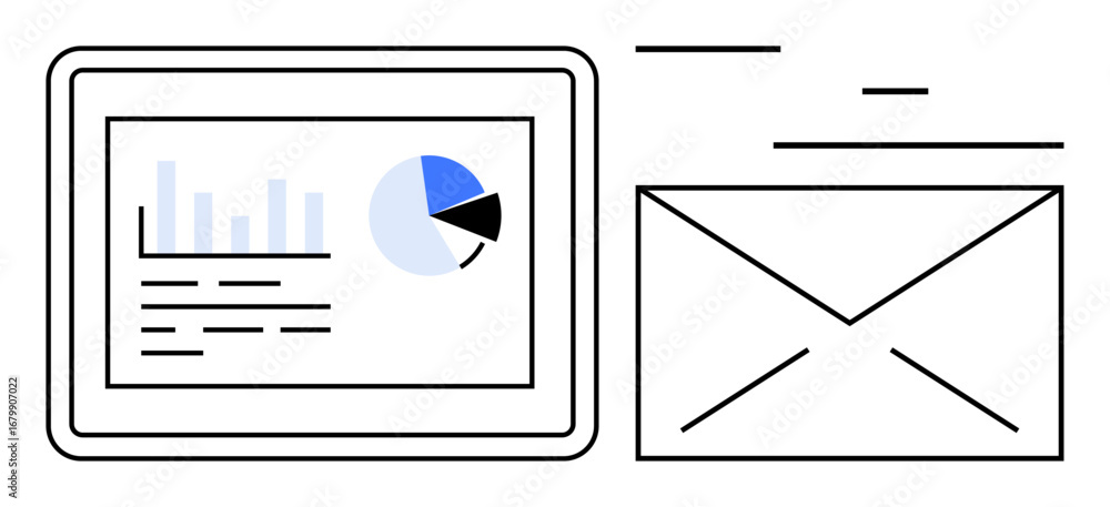 Aufkleber tablet screen displaying analytics data with a pie chart and bar graph alongside an outlined envelop