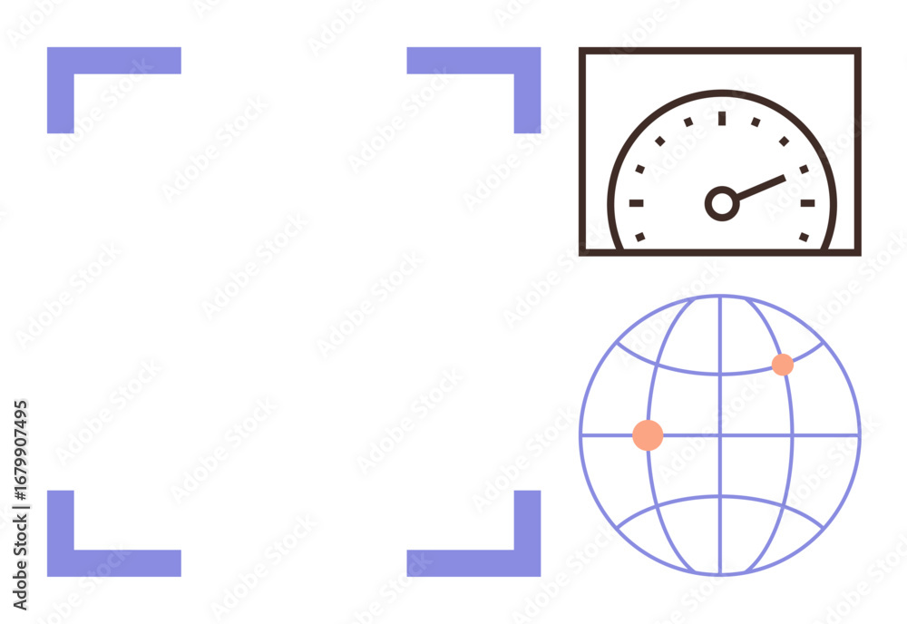 Poster speedometer and globe with marked points in a digital frame. ideal for data monitoring, analytics, c