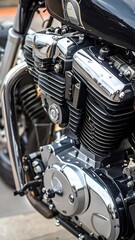 Fototapeta premium Close-up view of a motorcycle engine showcasing polished chrome components and intricate engine details.