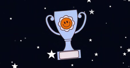 On load blue trophy cup oscillating glitching then returning upright to show smiling flower emblem