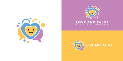 This logo represents joyful communication and heartfelt connections. It features two speech bubbles shaped like a heart with a smiling face, illustrating an approach to autism therapy for children.