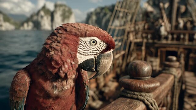 Scarlet Macaw Perched on a Pirate Ship Railing, Ocean View, Adventure, Nautical Theme, Exotic Bird, Close-up, Tropical Setting