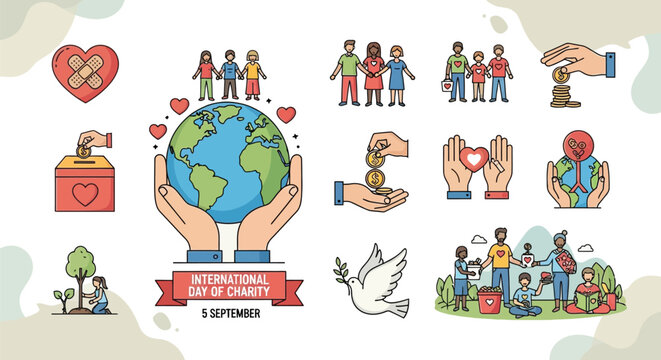 International day of charity illustration with diverse people and symbols of giving and support