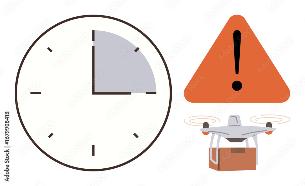 Aufkleber clock with highlighted time segment, caution triangle with exclamation mark, and delivery quadcopter