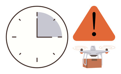 Clock with highlighted time segment, caution triangle with exclamation mark, and delivery Quadcopter carrying a package. Ideal for logistics, delivery, urgency, technology, safety, alert simple flat