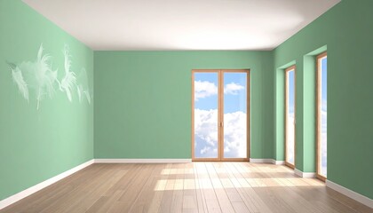 Obraz premium Minimalist Green Room Interior With Large Windows and Cloud View
