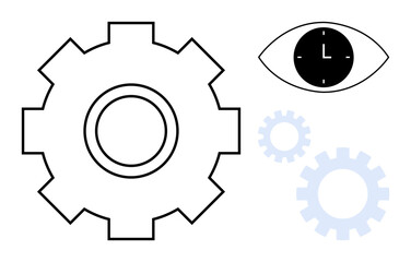 Large gear with smaller gears, an eye containing a clock, representing time focus, workflow, organization, productivity, strategy, operations efficiency. Ideal for planning timing analysis simple