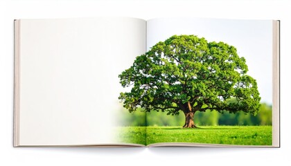 Obraz premium Open Book Showing Lush Green Oak Tree in a Sunny Field
