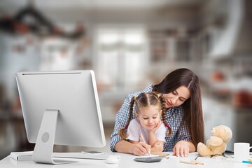 Working young mother it home with little spoiled child