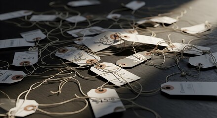 Tangled White Tags with Strings on Dark Surface, Concept of Data, Information, or Organization