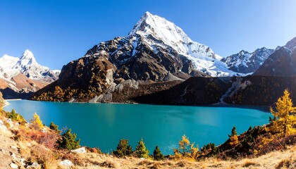 Panoramic view of the turquoise Gokyo Lake and snow-capped Himalayas mountains