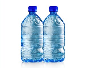 Two cool, clear plastic water bottles stand against a pure white background.