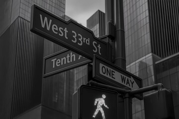 Obraz premium Ai generated:Black and White Urban Intersection with Street Signs and Pedestrian Signal