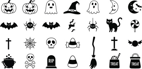 Collection of halloween themed black and white icons including pumpkins ghosts and other spooky symbols