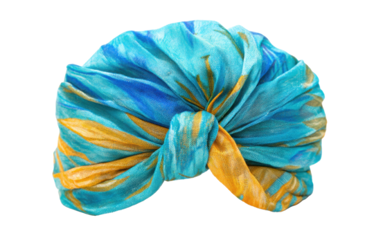 Blue and Yellow Silk Headwrap Turban on Transparent Background