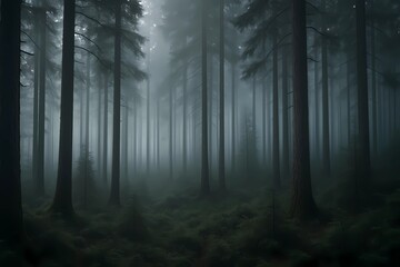 Obraz premium Ai generated:Misty Forest with Tall Trees and Dense Atmosphere