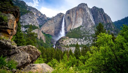 Majestic Yosemite Falls Cascading Down Granite Cliffs in Yosemite National Park.