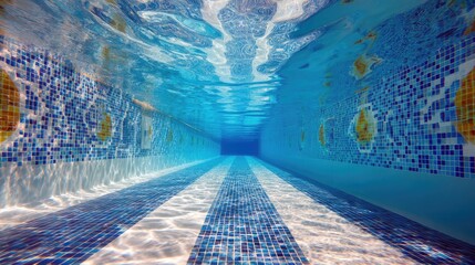 Obraz premium A vibrant underwater view of a swimming pool lane lined with colorful mosaic tiles, showcasing the depth and clarity of the water.