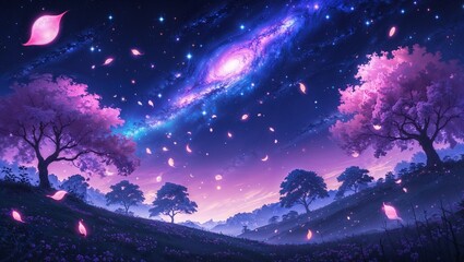 Beautiful dreamy fantasy anime landscape at night with a dark blue and purple sky filled with shining galaxies and countless twinkling stars, pink petals  floating gently in the air