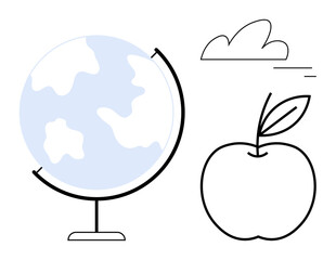 Hand-drawn globe, apple with leaf, and cloud illustrations. Ideal for education, sustainability, health, travel, nature, global concepts and simple landing page