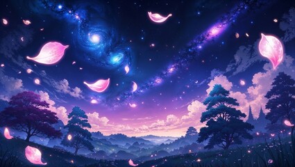 Beautiful dreamy fantasy anime landscape at night with a dark blue and purple sky filled with shining galaxies and countless twinkling stars, pink petals  floating gently in the air