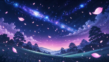Beautiful dreamy fantasy anime landscape at night with a dark blue and purple sky filled with shining galaxies and countless twinkling stars, pink petals  floating gently in the air