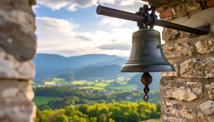 An antique bell hangs from a weathered stone wall, overlooking a picturesque valley landscape.
