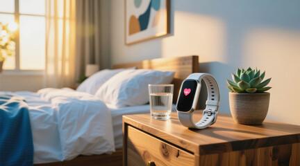 A smartwatch displays a heart icon on its screen, sitting next to a glass of water and a potted succulent plant on a wooden nightstand in a sunlit bedroom.